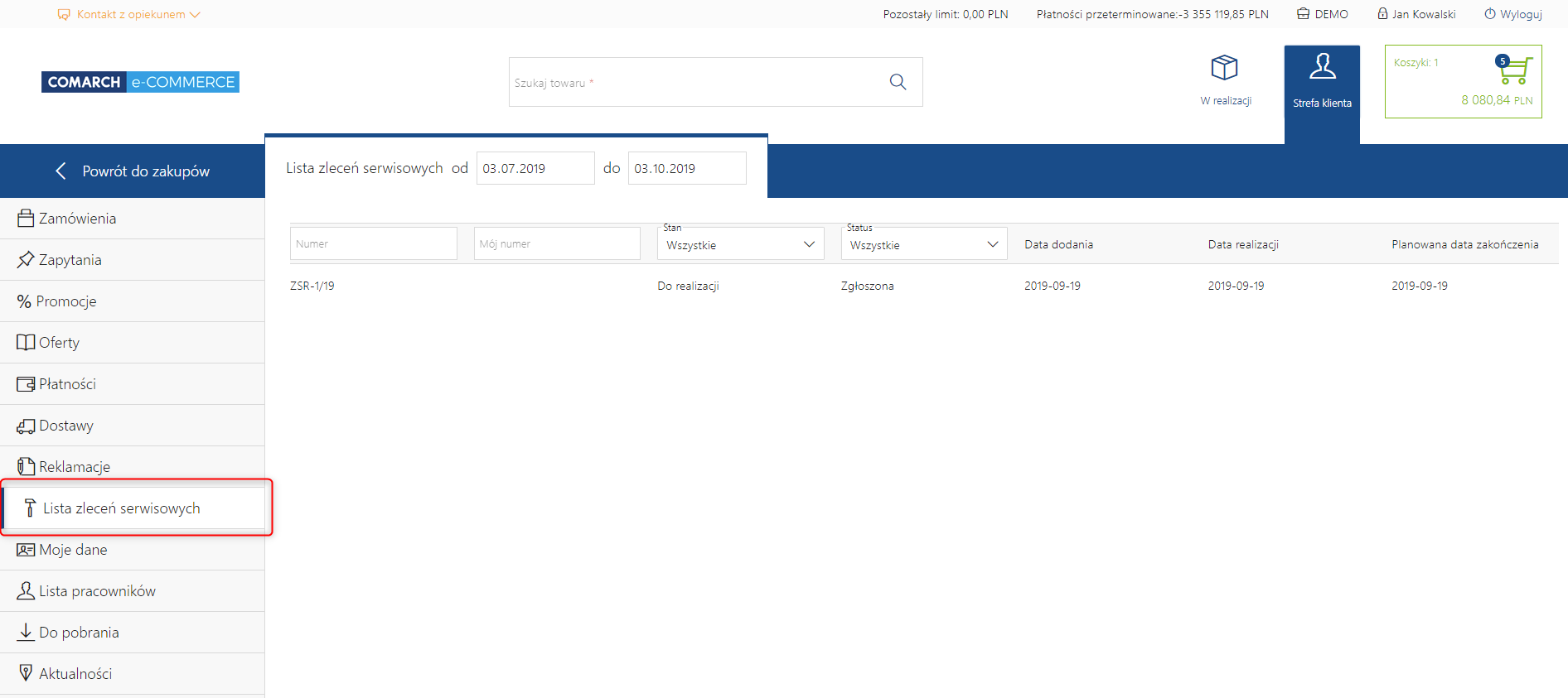 Comarch B2B 2019.3 - lista zleceń serwisowych