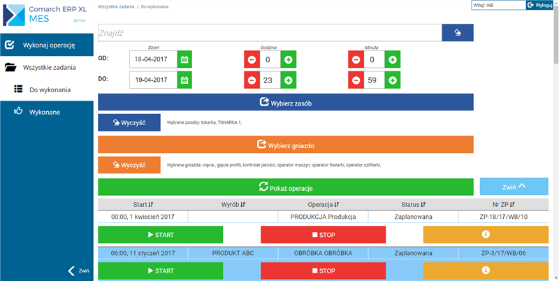 Comarch ERP MES - lista operacji